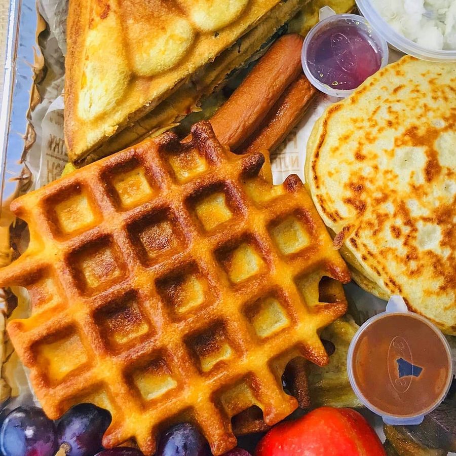 Golden waffle with fruit